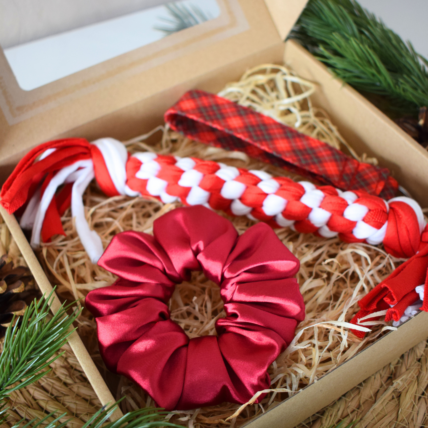 Dárkový box pro pejskaře / Saténová Scrunchie + Hračka + Klíčenka